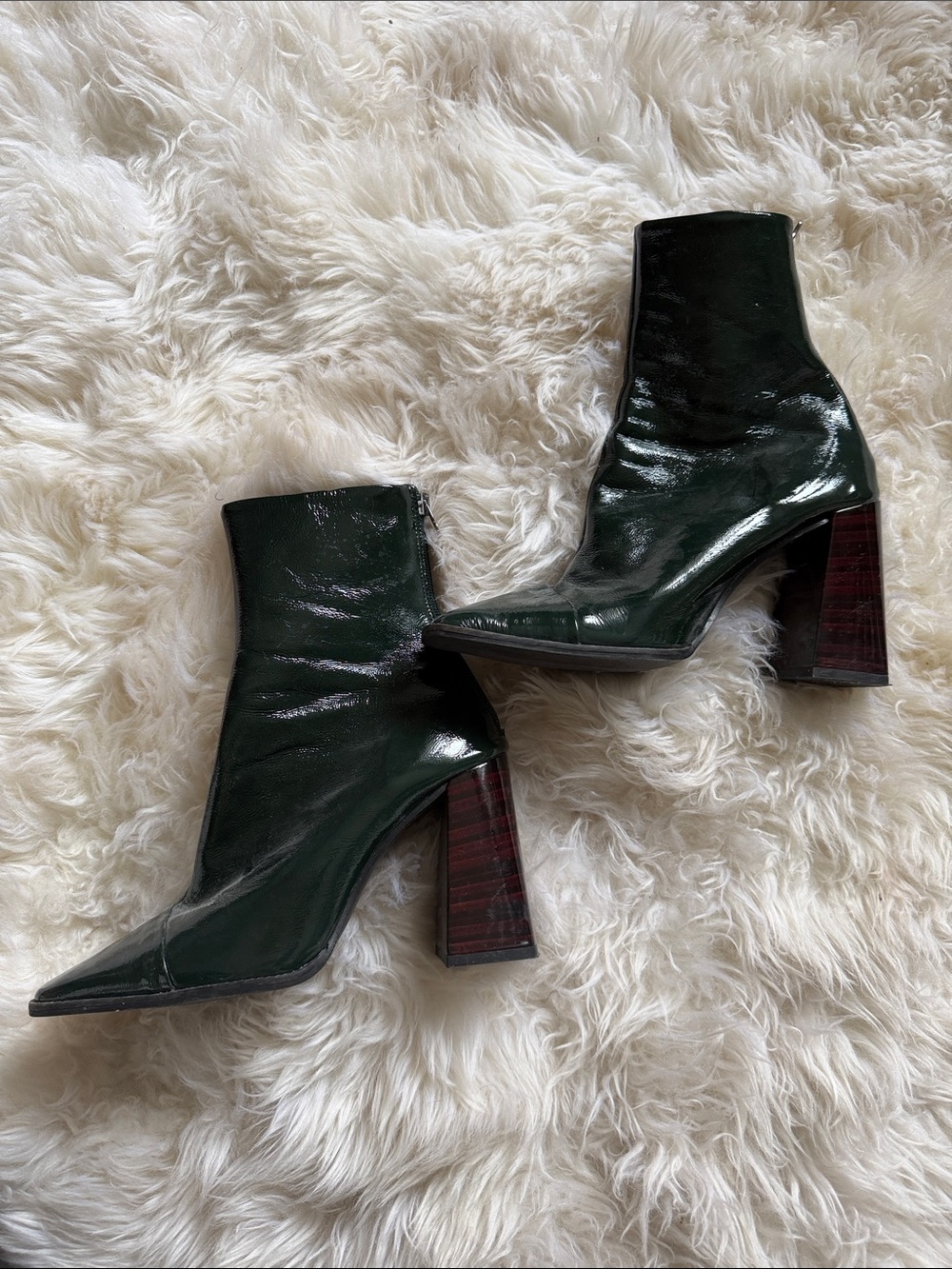 L'INTERVALLE Dark Green Patent Pointed Toe Ankle Boots